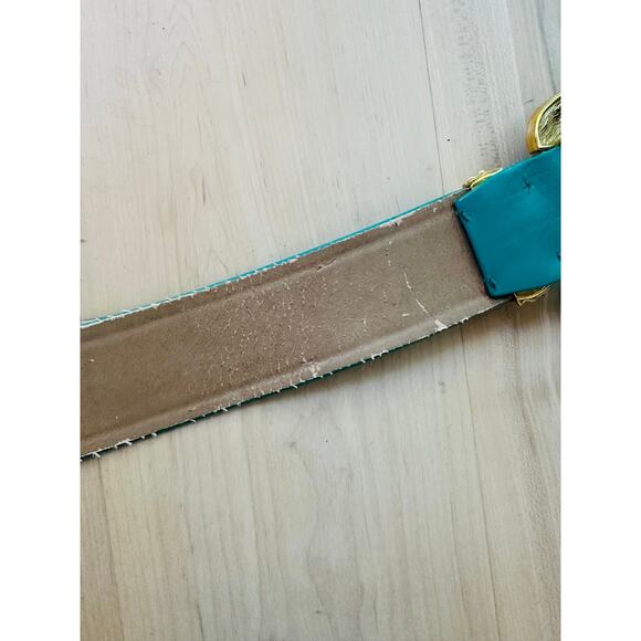 90s St John Leather/Enamel Belt Size 2/26 W Turquoise Gold Big Statement - Picture 6 of 10
